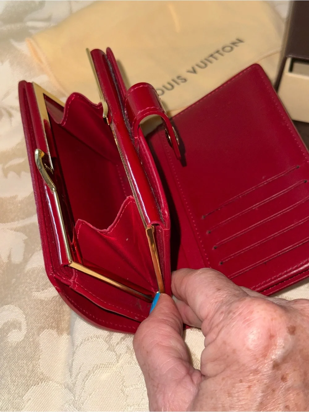 Louis Vuitton Patent Vernis Red Compact French Wallet with Gold Hardware